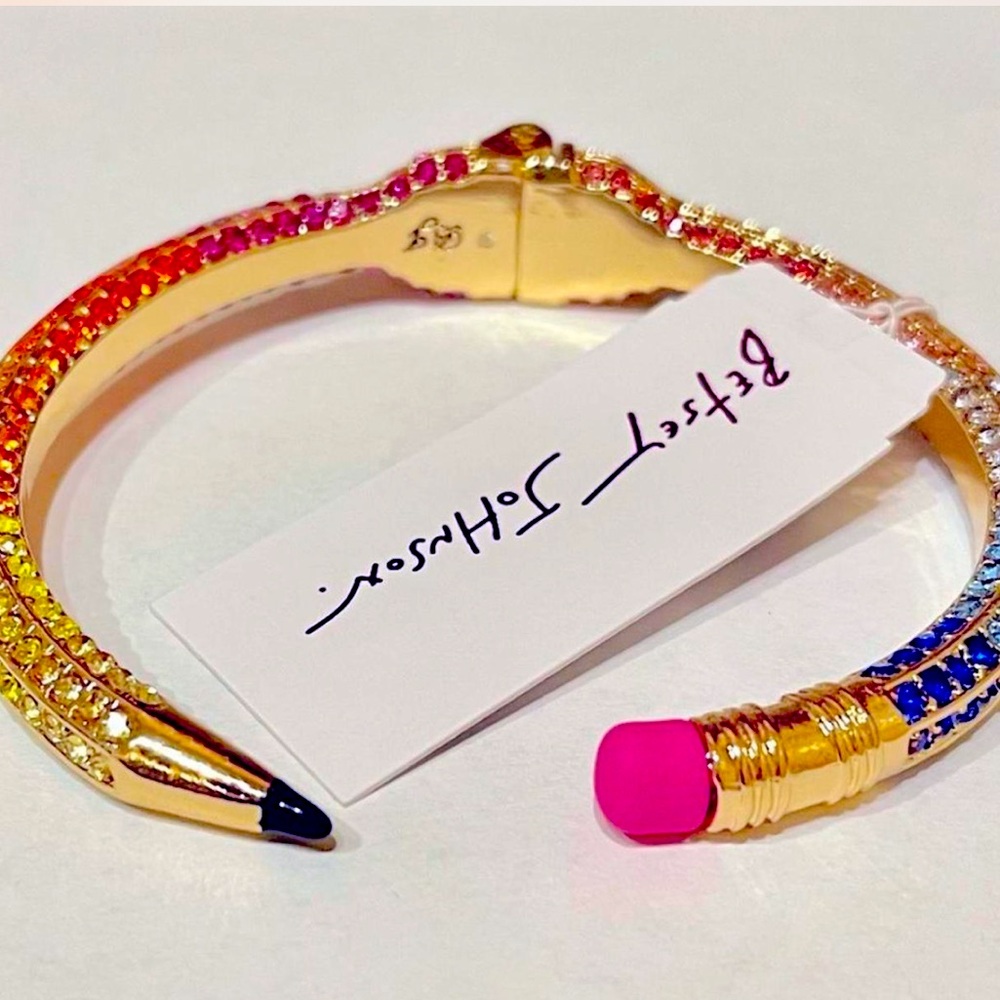 New Betsey Johnson Back to School Rainbow Glitter Pencil Bangle Bracelet - Picture 6 of 14